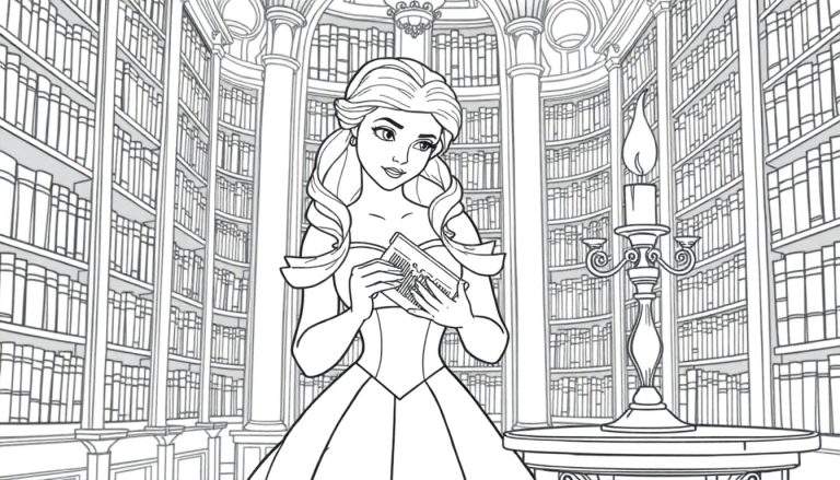 Color plate: Belle from Beauty and the Beast in a library.