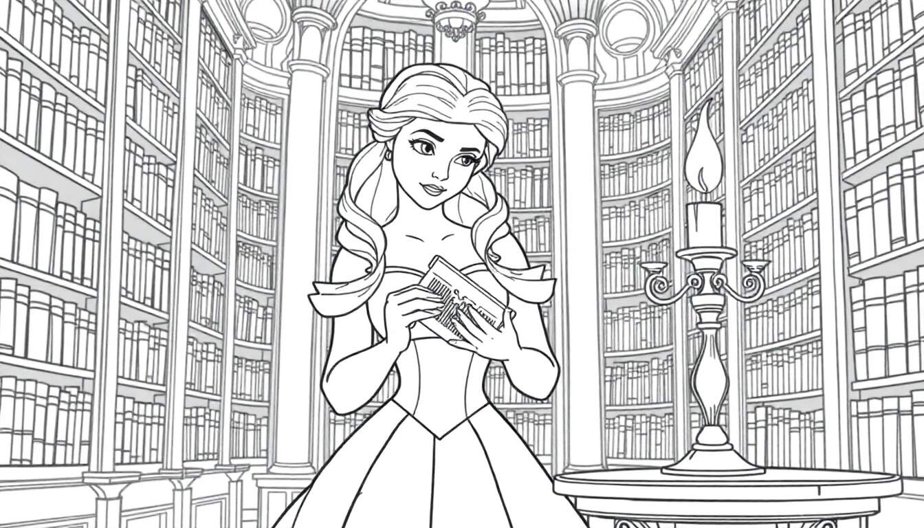 Color plate: Belle from Beauty and the Beast in a library.