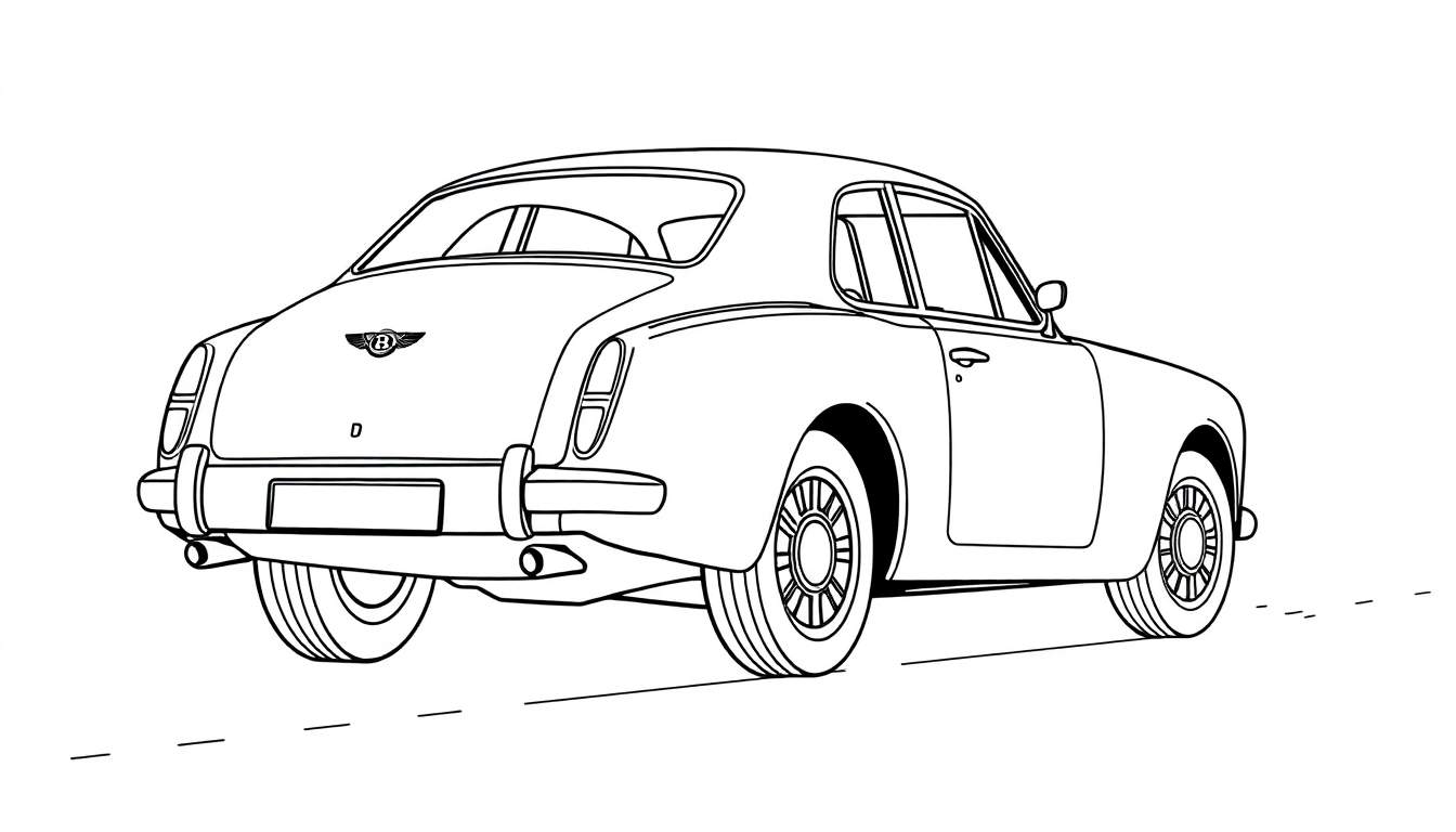 Une voiture Bentley classique en noir et blanc, vue de trois quarts arrière, avec des détails visibles comme les roues et les feux arrière, sur un fond suggérant une route.