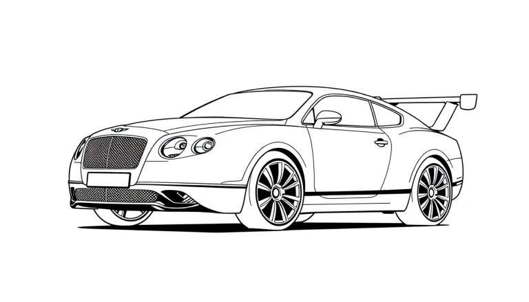 Dessin au trait d'une Bentley Continental GT prête à être coloriée.