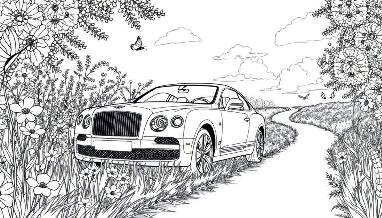 Voiture Bentley dessinée en noir et blanc, entourée de fleurs sauvages, prête à être coloriée.