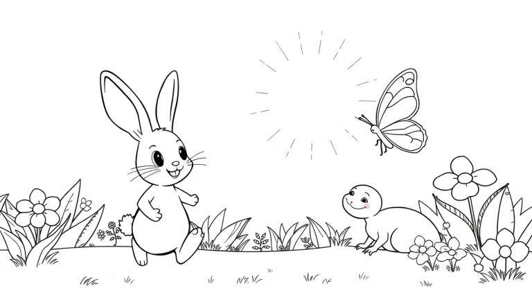 Bing, Flop et un papillon dans un jardin, dessin en noir et blanc.
