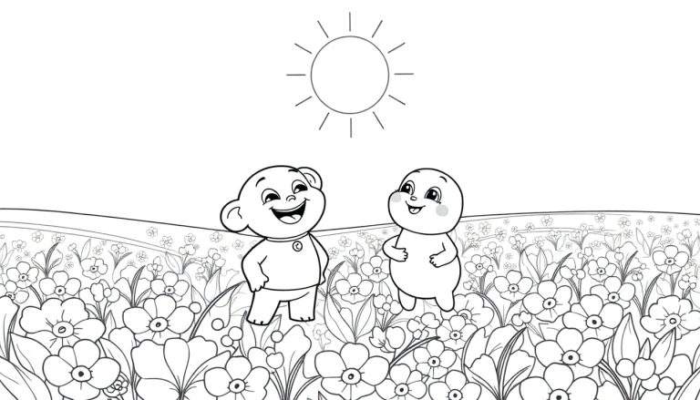 Bing et Flop dans un champ de fleurs, dessin au trait noir et blanc, prêt pour le color panel.