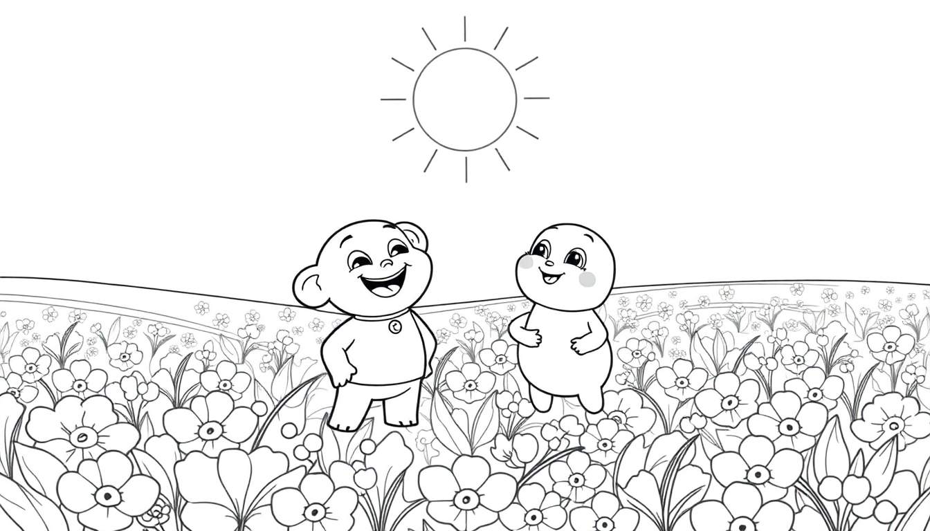 Bing et Flop dans un champ de fleurs, dessin au trait noir et blanc, prêt pour le color panel.