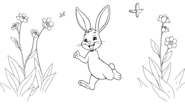 Dessin au trait d'un lapin souriant faisant un pouce levé dans un champ de fleurs avec des oiseaux volant.