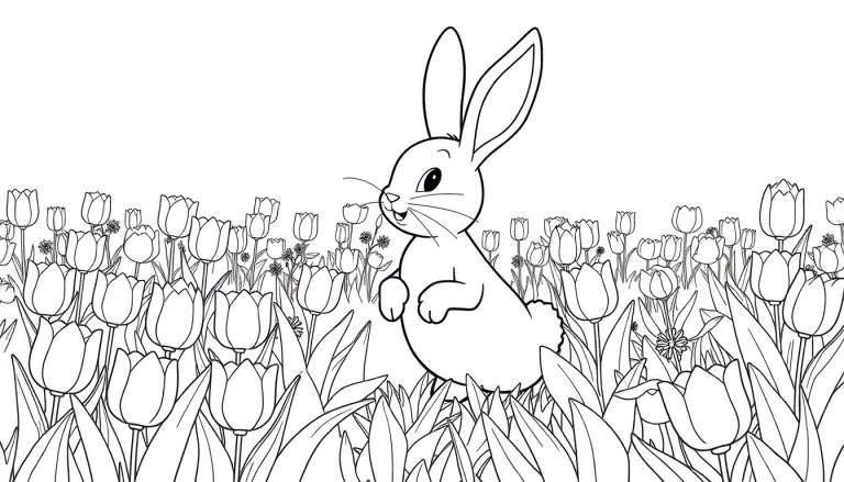 Un dessin au trait d'un lapin se tenant sur ses pattes arrière au milieu d'un champ de tulipes fermées, avec un color panel de possibilités créatives.