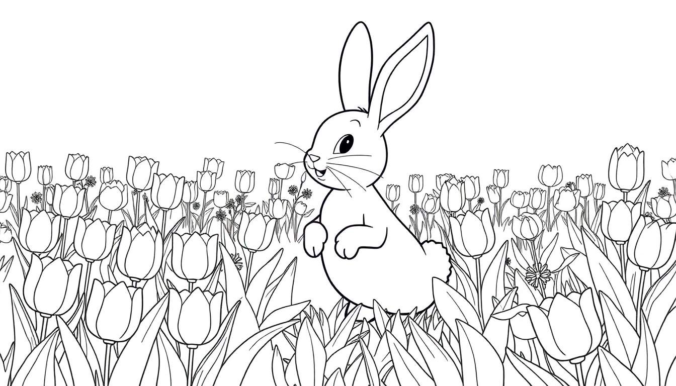 Un dessin au trait d'un lapin se tenant sur ses pattes arrière au milieu d'un champ de tulipes fermées, avec un color panel de possibilités créatives.