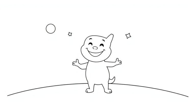 Bing souriant sur une colline avec une lune et des étoiles, style dessin au trait.