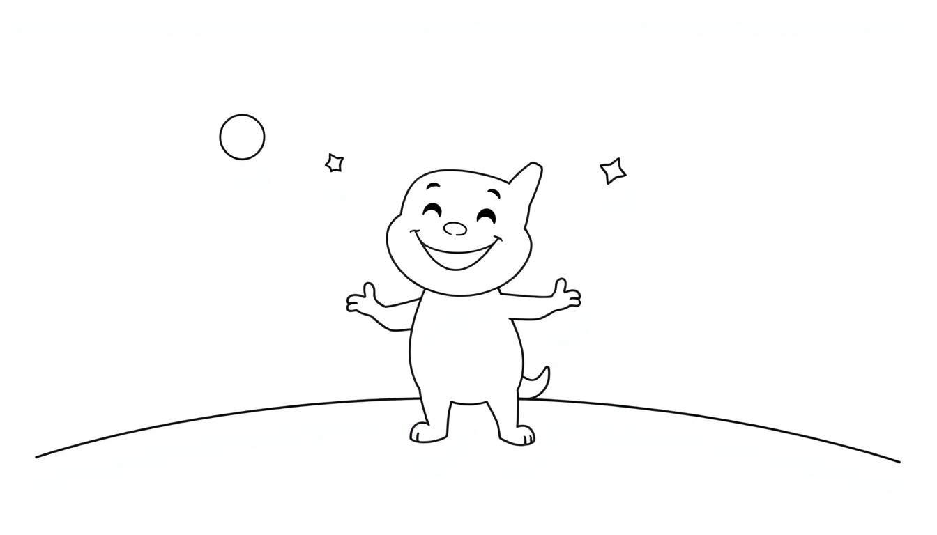 Bing souriant sur une colline avec une lune et des étoiles, style dessin au trait.