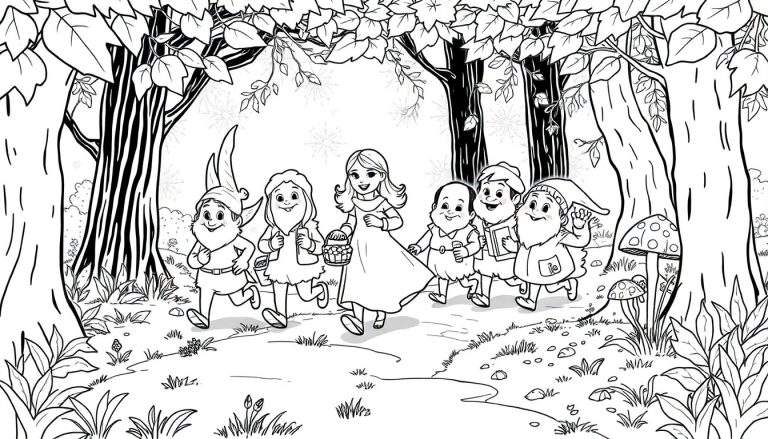 Blanche-Neige et les sept nains se promenant dans une forêt dessinée, style livre de coloriage.