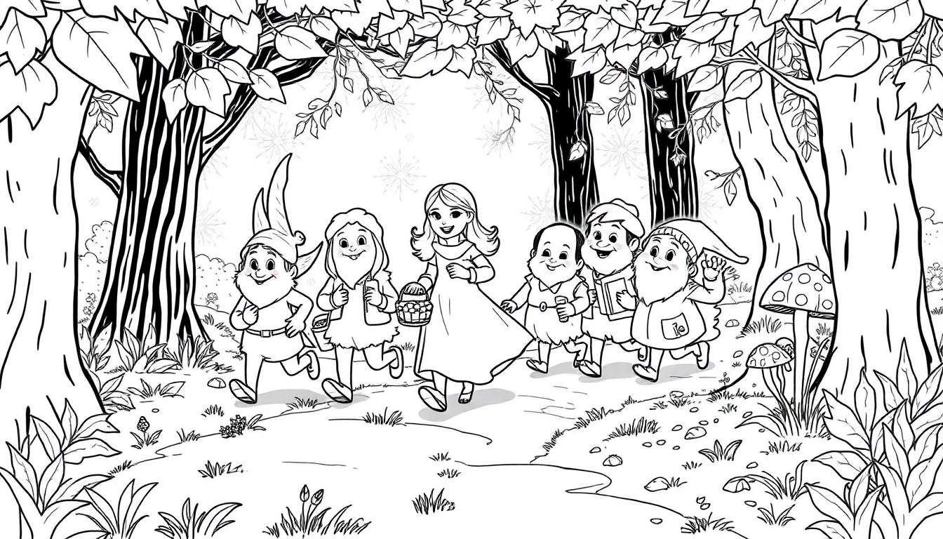Blanche-Neige et les sept nains se promenant dans une forêt dessinée, style livre de coloriage.