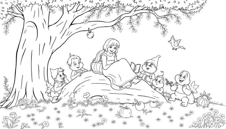 Dessin d'une princesse lisant sous un arbre avec des nains amicalement autour, un color panel.