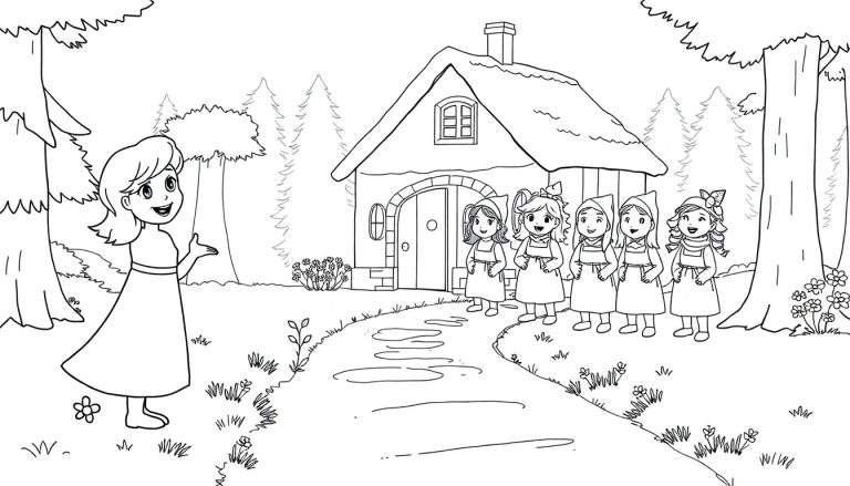 Dessin au trait de Blanche-Neige rencontrant les Sept Nains devant leur maison forestière, style page de coloriage.