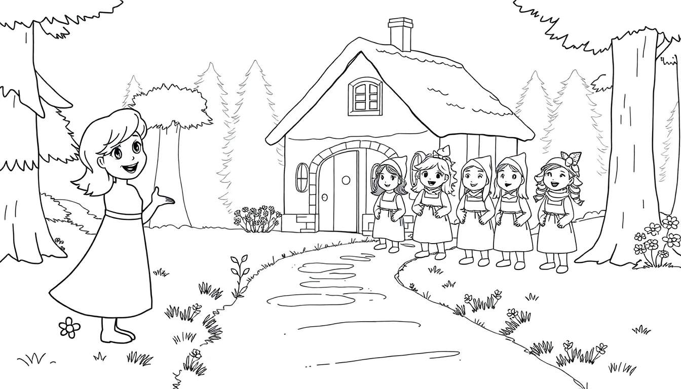 Dessin au trait de Blanche-Neige rencontrant les Sept Nains devant leur maison forestière, style page de coloriage.