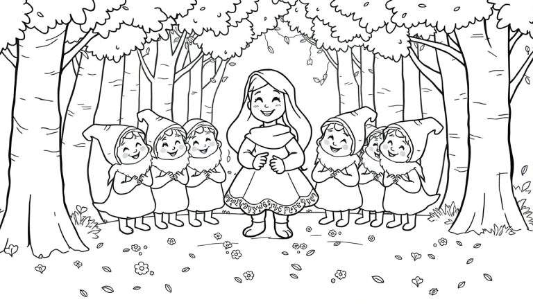 Blanche-Neige et les sept nains dans une forêt, illustration en noir et blanc pour un color panel.