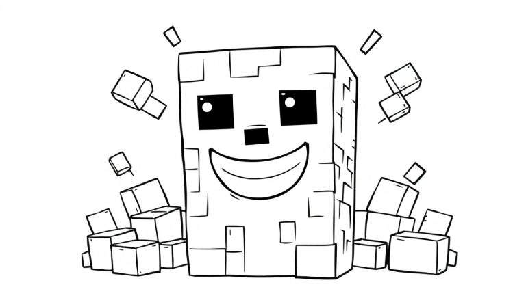 Personnage Minecraft style bloc d'herbe avec un visage joyeux, entouré de blocs flottants et empilés.
