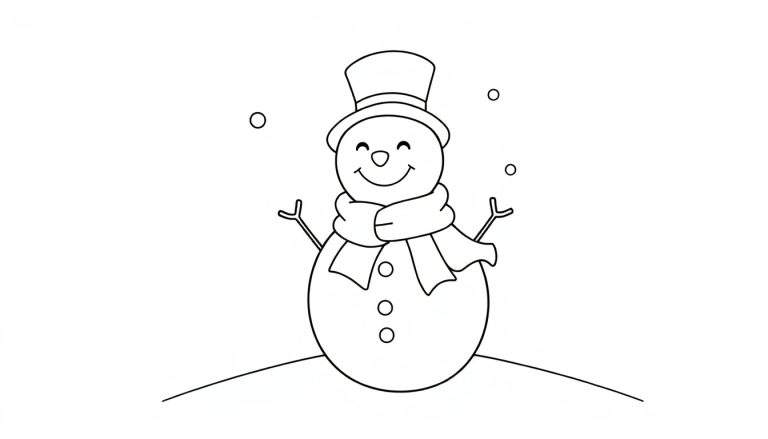 Dessin en noir et blanc d'un bonhomme de neige souriant avec un chapeau haut de forme et une écharpe, entouré de flocons de neige.