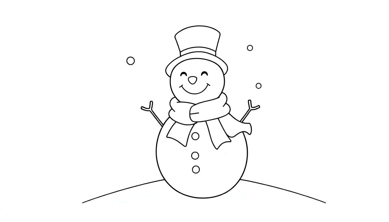 Dessin en noir et blanc d'un bonhomme de neige souriant avec un chapeau haut de forme et une écharpe, entouré de flocons de neige.