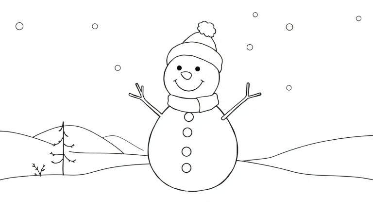 Dessin au trait d'un bonhomme de neige souriant dans un paysage hivernal avec des flocons qui tombent, idéal pour un color panel.
