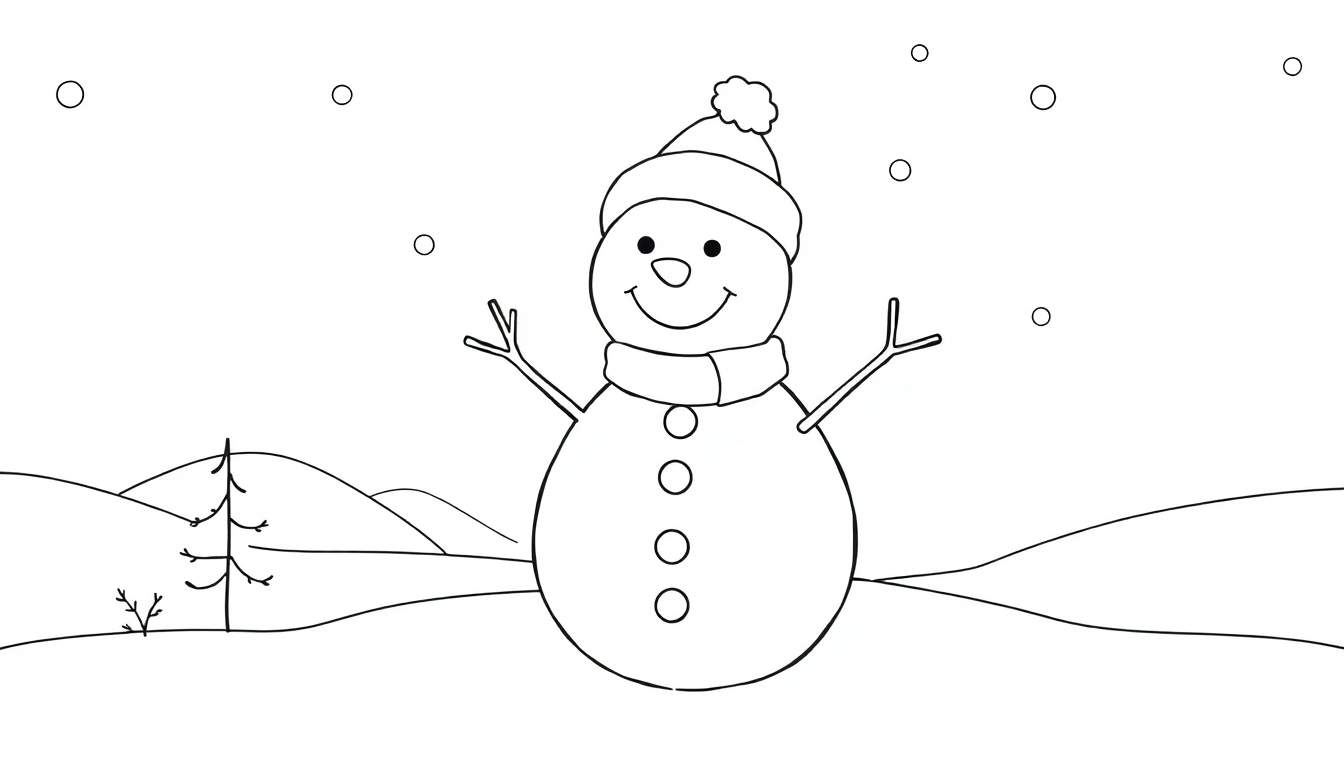 Dessin au trait d'un bonhomme de neige souriant dans un paysage hivernal avec des flocons qui tombent, idéal pour un color panel.