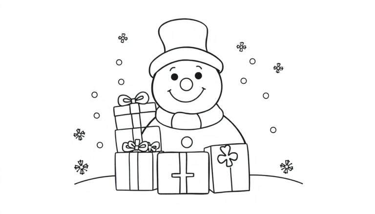 Un dessin au trait d'un bonhomme de neige souriant avec des cadeaux et des flocons de neige tombant, sur un fond blanc.