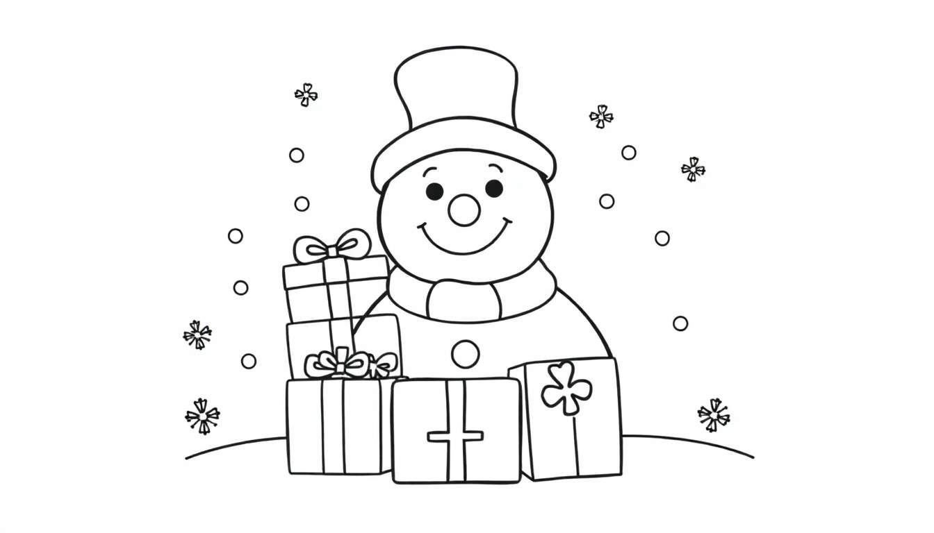 Un dessin au trait d'un bonhomme de neige souriant avec des cadeaux et des flocons de neige tombant, sur un fond blanc.
