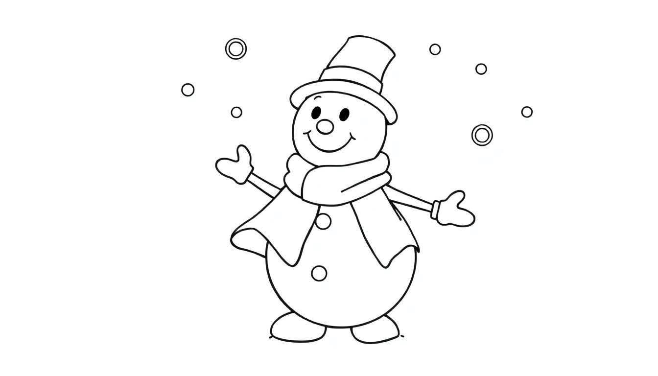 Bonhomme de neige souriant en train de danser dans la neige avec un chapeau haut de forme, une écharpe et des gants en forme de cœur, avec des flocons tombant autour de lui.
