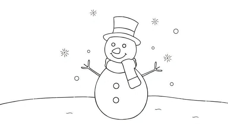 Un bonhomme de neige joyeux avec un chapeau haut-de-forme et une écharpe colorée, dans un paysage enneigé avec des flocons tombant.