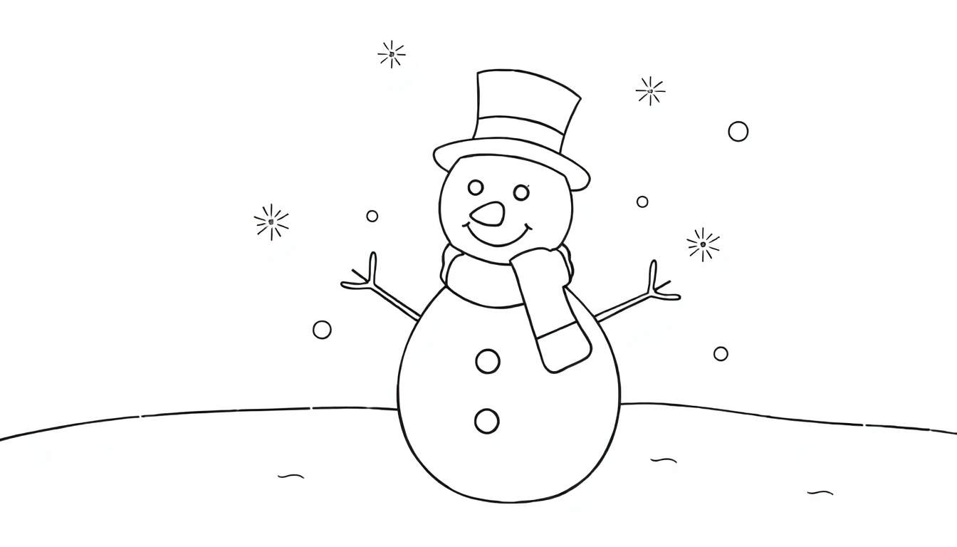 Un bonhomme de neige joyeux avec un chapeau haut-de-forme et une écharpe colorée, dans un paysage enneigé avec des flocons tombant.