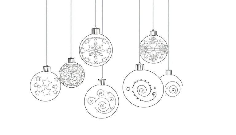 Illustration en noir et blanc de sept boules de Noël avec des motifs variés, parfait pour un color panel.
