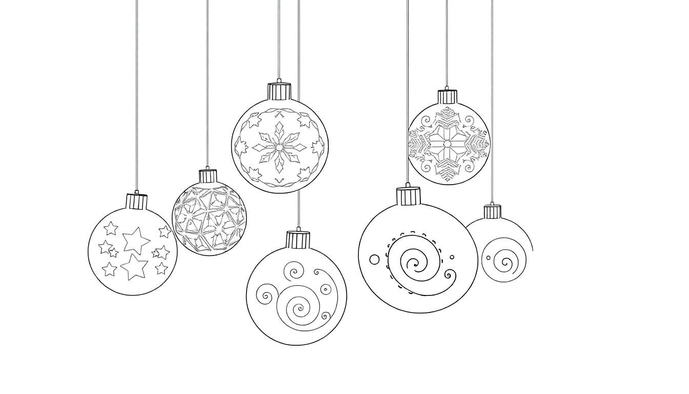 Illustration en noir et blanc de sept boules de Noël avec des motifs variés, parfait pour un color panel.