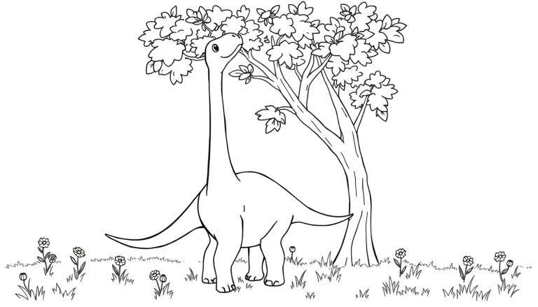 Dessin au trait d'un dinosaure brachiosaure au long cou mangeant des feuilles d'un arbre dans un champ d'herbe et de fleurs, idéal pour un color panel.