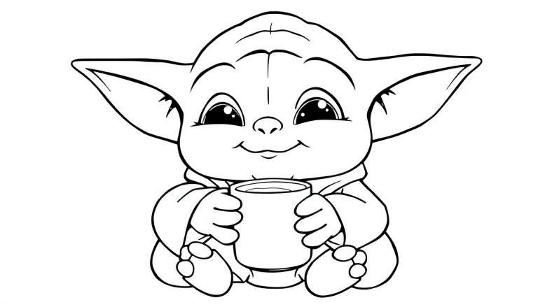 Dessin au trait d'un bébé Yoda mignon tenant une tasse, parfait pour un color panel.