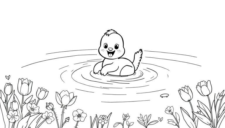 Un bébé phoque souriant nage dans une flaque d'eau avec des fleurs colorées, parfait pour un color panel.