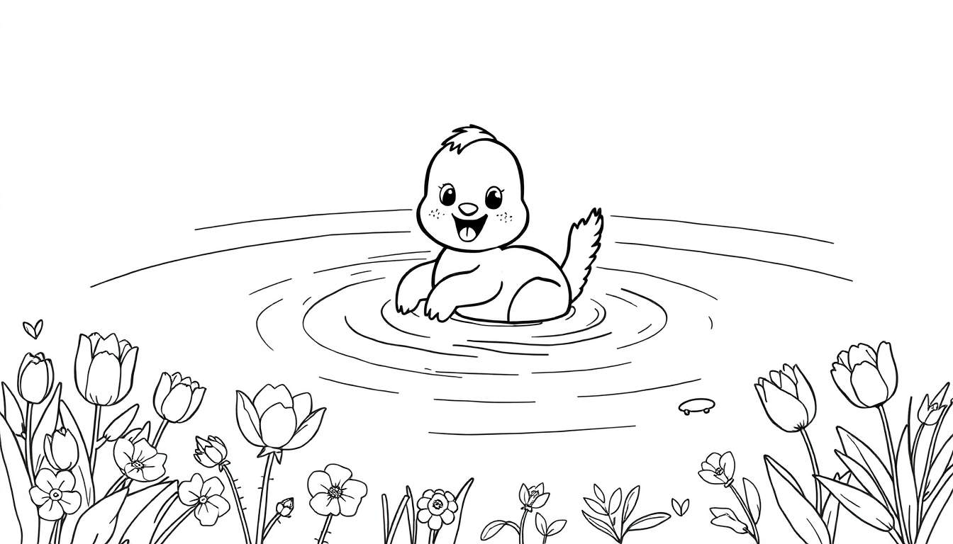 Un bébé phoque souriant nage dans une flaque d'eau avec des fleurs colorées, parfait pour un color panel.