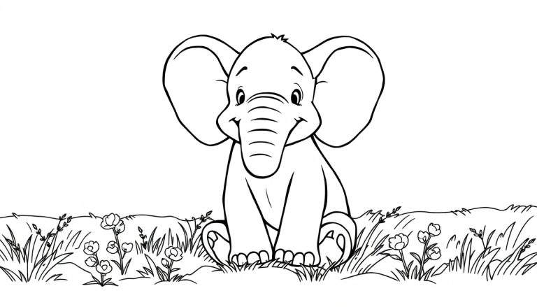 Dessin au trait d'un mignon bébé éléphant dans un champ de fleurs, prêt pour le color panel.