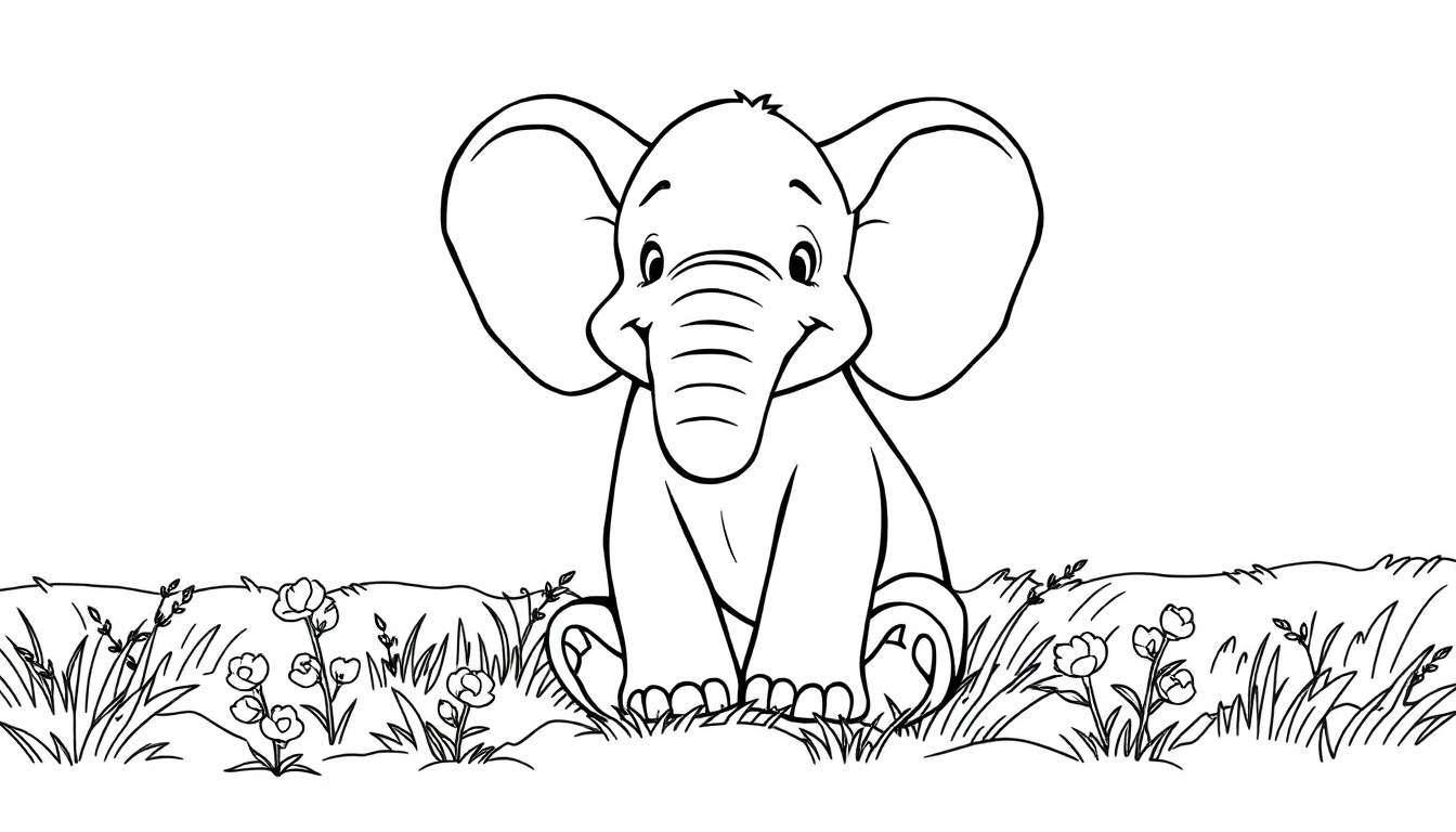 Dessin au trait d'un mignon bébé éléphant dans un champ de fleurs, prêt pour le color panel.