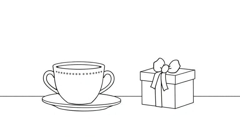 Illustration en noir et blanc d'une tasse à café et d'un cadeau, pour la Fête des Pères.