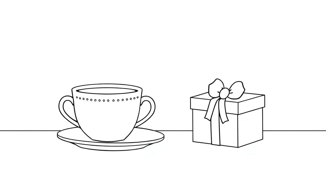 Illustration en noir et blanc d'une tasse à café et d'un cadeau, pour la Fête des Pères.