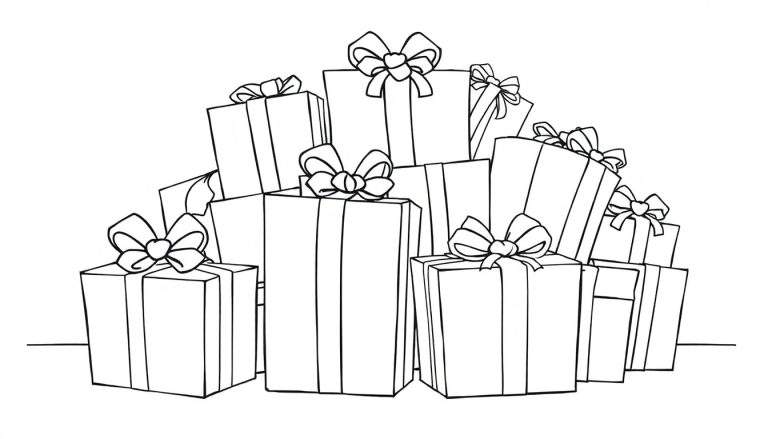 Pile de cadeaux dans un style dessin au trait, un color panel.