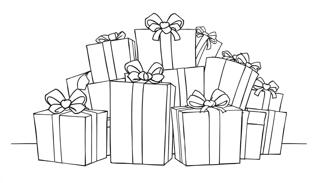 Pile de cadeaux dans un style dessin au trait, un color panel.