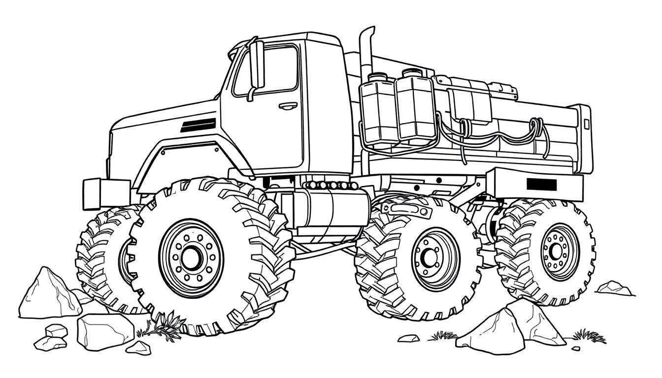 Camion militaire noir et blanc style coloriage, sur terrain rocheux.