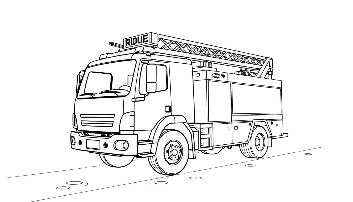 Dessin au trait d'un camion de pompiers noir et blanc, prêt à être colorié.