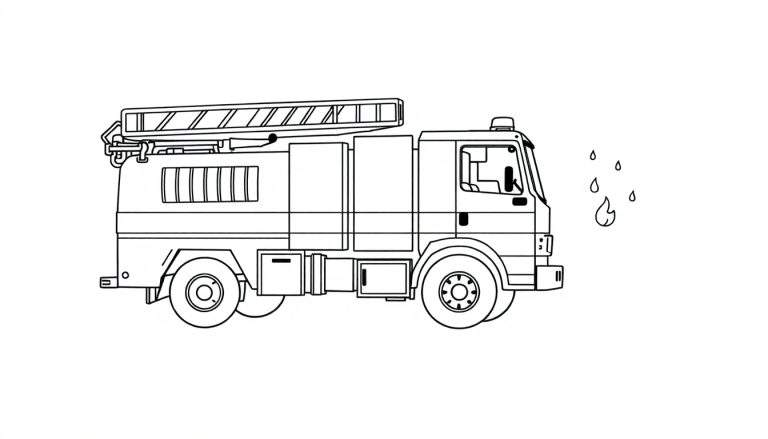 Dessin au trait d'un camion de pompiers prêt à éteindre un feu, avec des éléments à colorier.