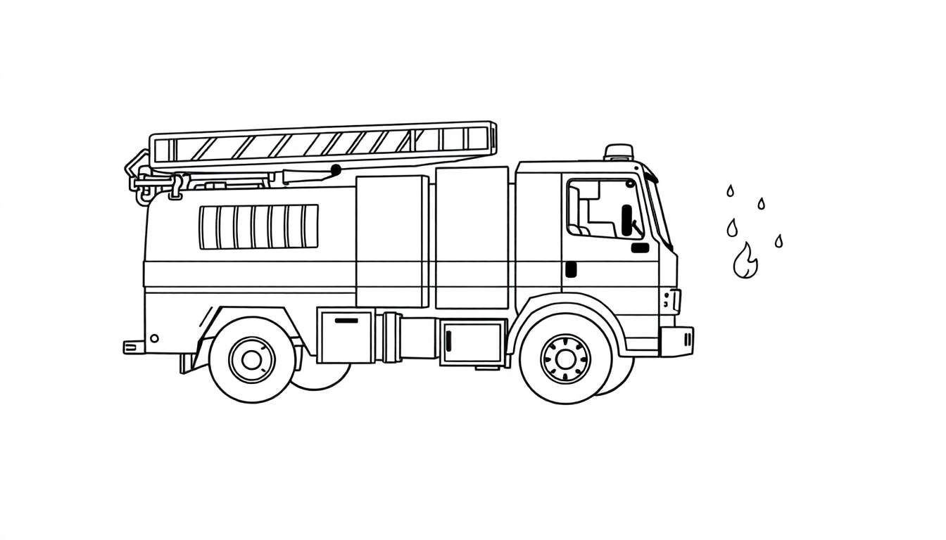 Dessin au trait d'un camion de pompiers prêt à éteindre un feu, avec des éléments à colorier.