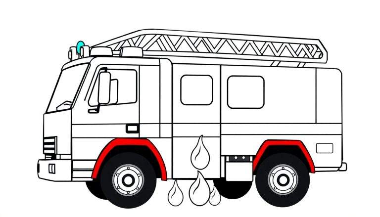 Camion de pompiers blanc et rouge avec une échelle sur le toit et des gouttes d'eau en dessous, dans un color panel.