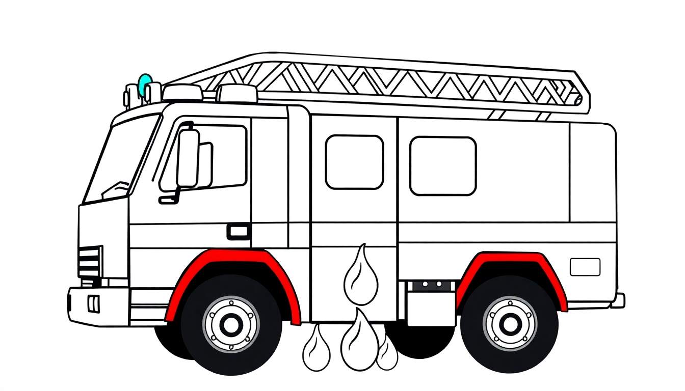 Camion de pompiers blanc et rouge avec une échelle sur le toit et des gouttes d'eau en dessous, dans un color panel.