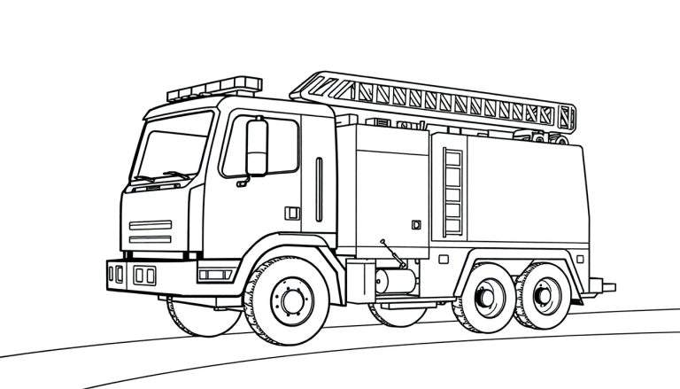 Dessin au trait d'un camion de pompiers noir sur fond blanc, prêt à être colorié.