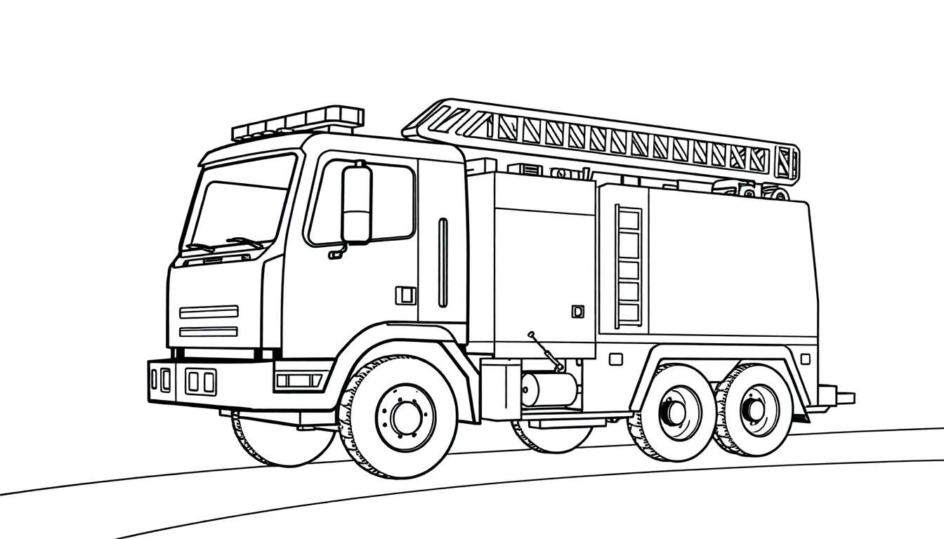 Dessin au trait d'un camion de pompiers noir sur fond blanc, prêt à être colorié.
