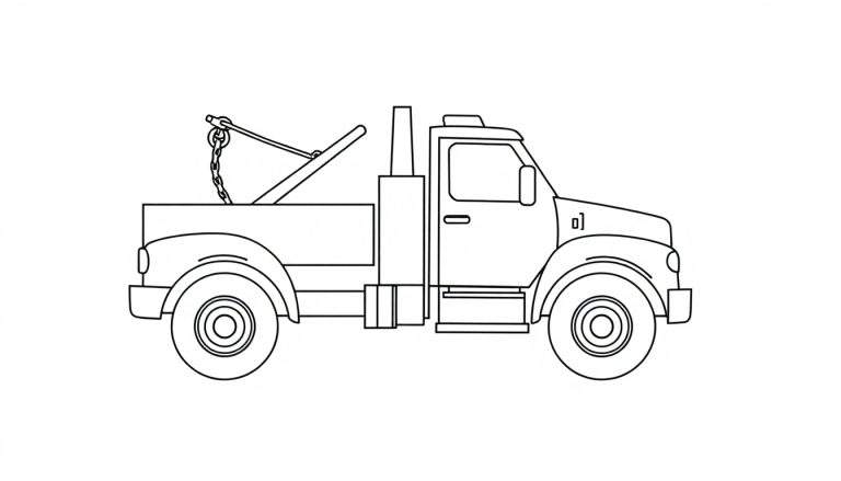 Un camion de dépannage en noir et blanc prêt à être colorié, une plaque de coloriage.